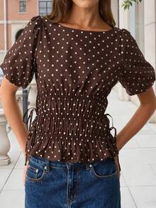 Women Dot Print Summer Blouse Shirred Puff Sleeve Side Tie-up Ruffled Tops for Daily Office Party - Marrón - Ver 4