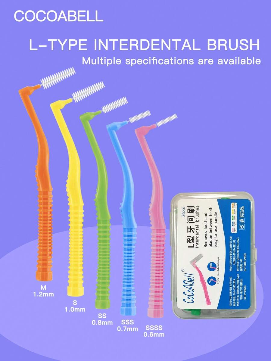 20pcs COCOABELL Dental Floss Brushes, Interdental Brushes, Orthodontic Soft Bristle Interdental Cleaning Tools, Interdental Gap Cleaning Toothbrush With L-Shaped Bent Handle In Portable Case, 5 Brush Head Sizes (0.6mm, 0.7mm, 0.8mm, 1.0mm, 1.2mm) To Fit Different Tooth Gaps, Reusable - 彩色 - 查看 1