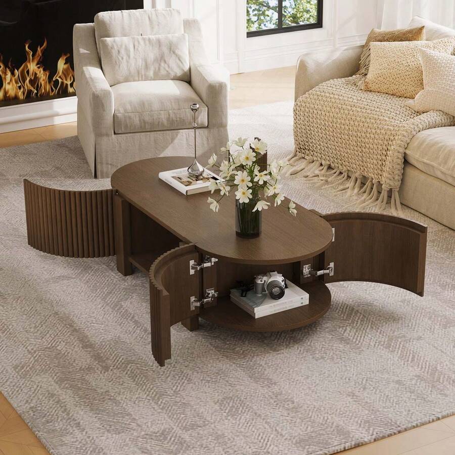 MERAX Oval Fluted Coffee Table With Storage For Living Room, Rubber Solid Wood, 1 Shelf & 2 Open Storage Doors, 47", Walnut - 核桃 - 查看 1
