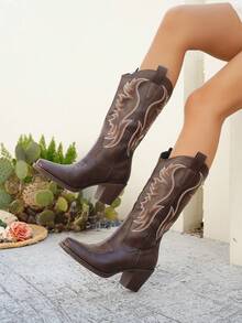 2026 Women's Fashion Chunky Heel Square Toe Embroidered Classic Western Boots - Brown - View 3