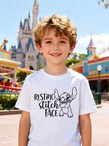 Disney Boys' T-Shirt, Featuring A Minimalist Stitch Cartoon Lettering Print. Summer Cotton Crew-Neck Short-Sleeve Tee For Boys, Perfect For Everyday Wear, Vacations, Outdoor Activities, And As A Gift For Children. - 白色 - 查看 1