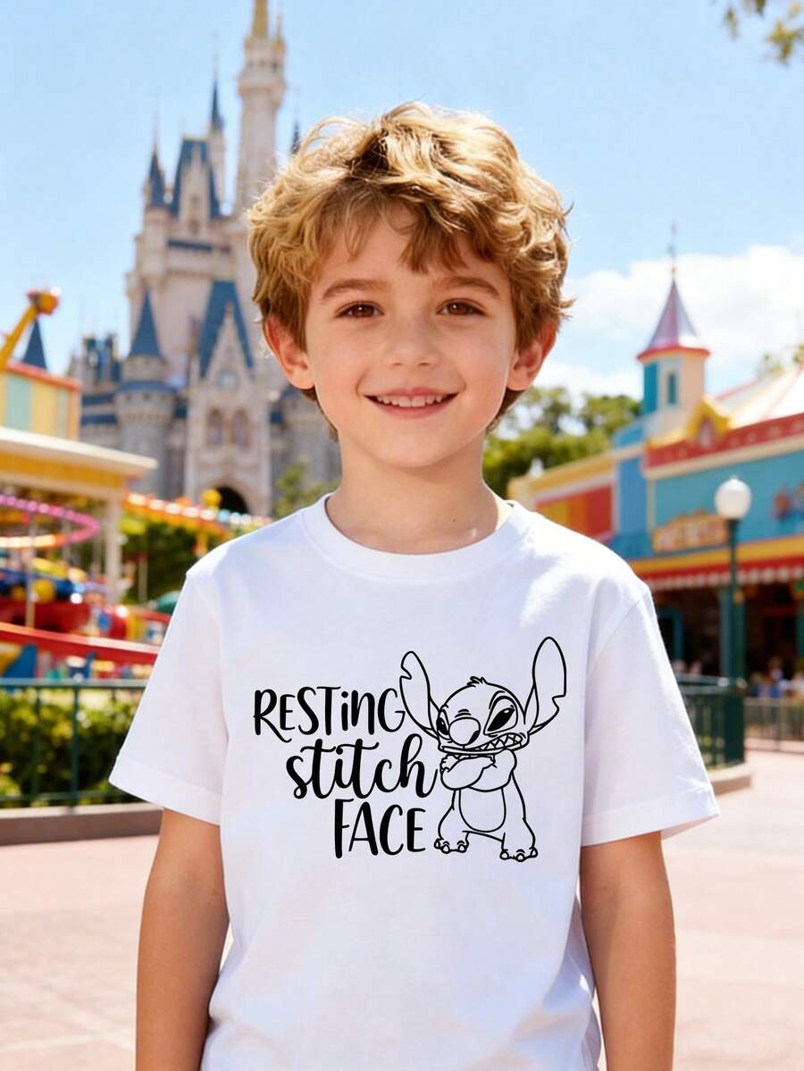 Disney Boys' T-Shirt, Featuring A Minimalist Stitch Cartoon Lettering Print. Summer Cotton Crew-Neck Short-Sleeve Tee For Boys, Perfect For Everyday Wear, Vacations, Outdoor Activities, And As A Gift For Children. - 白色 - 查看 1