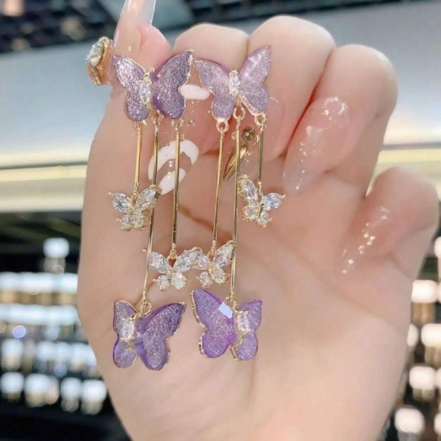 Purple Crystal Butterfly Earrings For Women, Light Luxury, High-End Feel, Elegant And Simple Long Tassel Earrings - 圖片色 - 查看 1