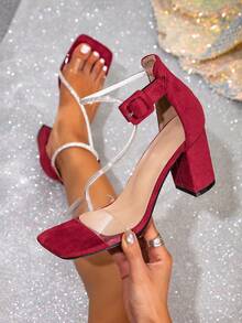 Women's Square Toe Rhinestone Embellished Chunky Heel Sandals, Summer New Arrival - Burgundy - View 4