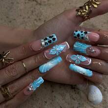 NailVease 10 PCS Handmade Press-On Nails | Pink-Blue Flower Sweet & Cool Long Nails With Acrylic Pink & Blue Bases, 3D Flower & Shell Element & Pearl Embellishments & Playful Retro Designs - 彩色 - 查看 3