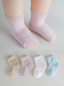 4 Pairs Candy Color Breathable Mesh Kids Socks, Lace Soft Plaid Spring/Summer All Season Socks, School Style Baby Socks - Multicolor - View 10
