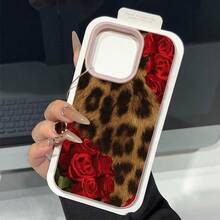 Leopard Print Phone Case, Luxurious Style, For Compatible With IPhone 17/17pro/17promax/17Air/Iphone16/16pro/16plus/16promax/15/15promax/15pro/11/12/13/14promax/12mini/13mini/11pro/11promax/12pro/12promax/13pro/13promax/14pro/14promax, Red Rose And Animal Print Gift - 淺粉色 - 查看 2