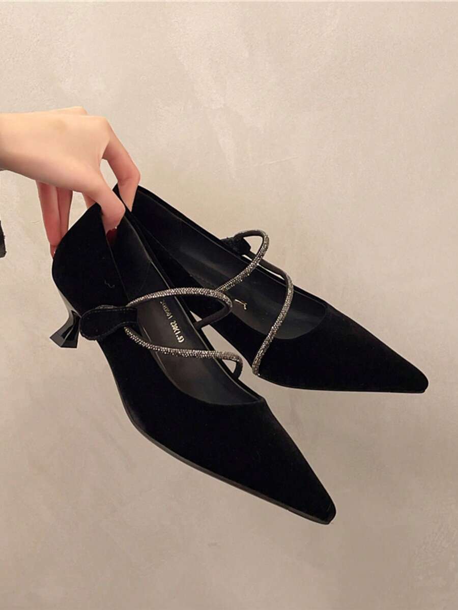Pointed Toe Slip-On Pumps, Women's Low Heel Black Rhinestone Strap Dress Shoes, Versatile For Commuting - Black - View 1