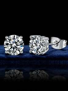 1 Pair Round Cut Moissanite Stud Earrings, Simple & Versatile Copper Earrings, Modern Minimalist Luxurious Style, Suitable For Women's Daily Wear, Parties, Anniversaries, Weddings, Valentine's Day Gifts - Round - View 1