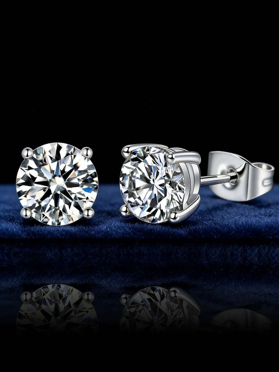 1 Pair Round Cut Moissanite Stud Earrings, Simple & Versatile Copper Earrings, Modern Minimalist Luxurious Style, Suitable For Women's Daily Wear, Parties, Anniversaries, Weddings, Valentine's Day Gifts - Round - View 1