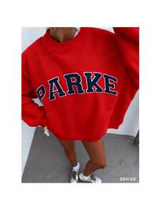 Women's Casual "PARKE" Letter Print Loose Pullover Sweatshirt, Encountering Lazy Fashion. - Đỏ - Xem 4