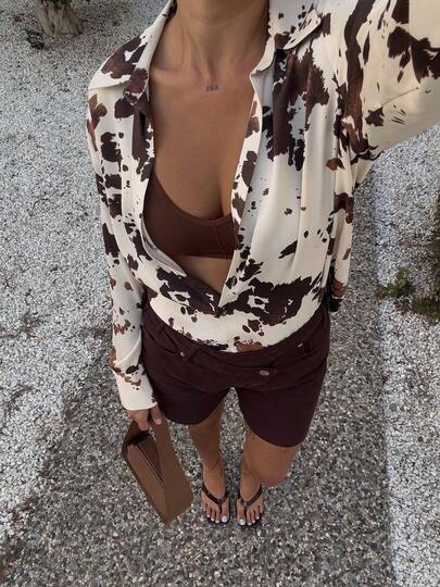 FGGG Top met koeienprint en tie-dye details, lange mouwen, losvallend model, elegant, artistiek, volwassen, casual, geschikt voor kantoor, lente, herfst en Valentijnsdag.