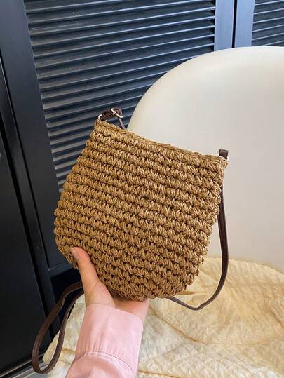 Fashionable Woven Crossbody Bag, Bucket Bag Niche Design, Hollow Out Shoulder Bag, Outdoor Travel Woven Handbag, Beach Holiday Underarm Bag