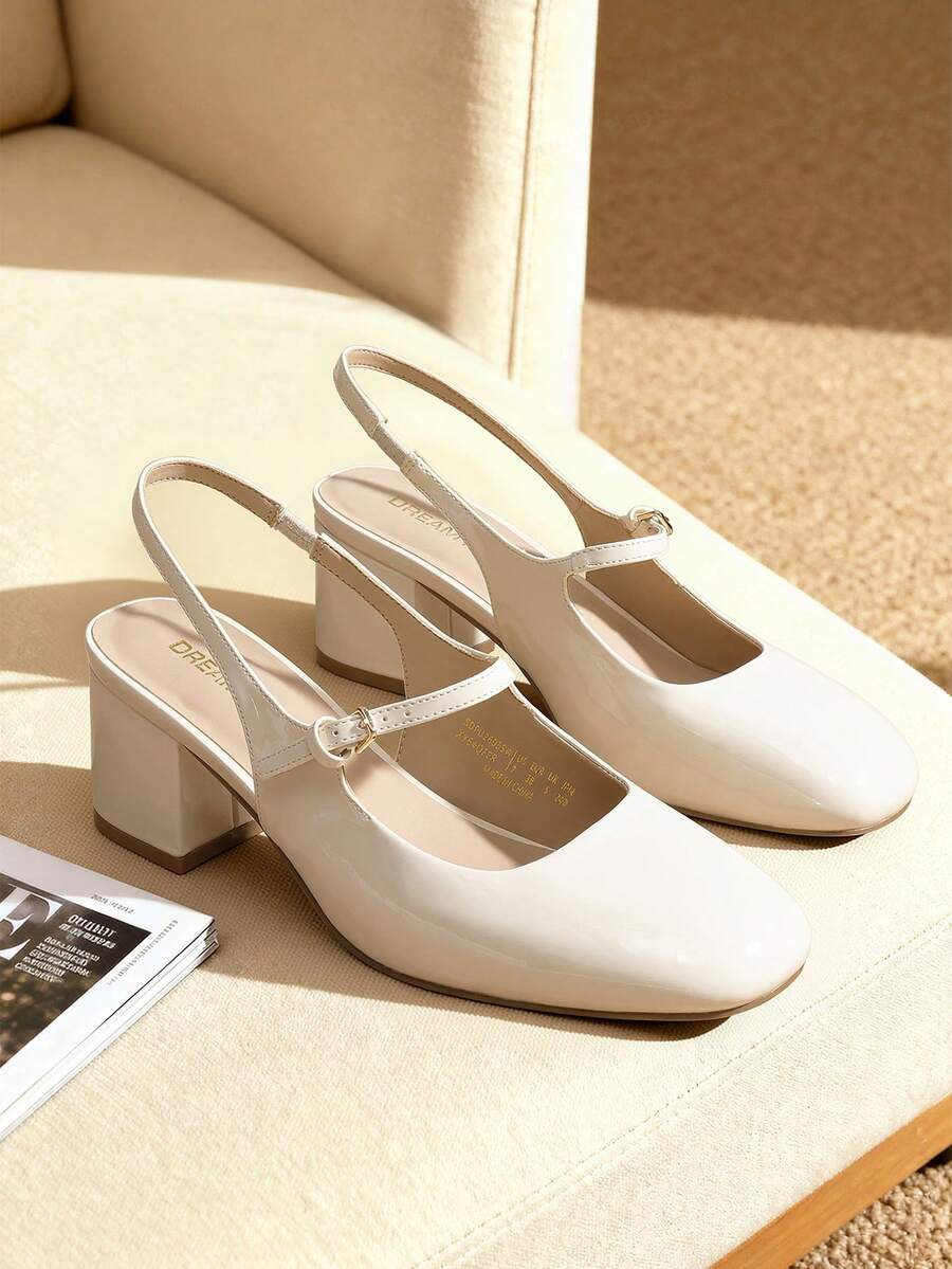 Women's Mary Jane Low Chunky Heels Slingback Closed Square Toe Dress Shoes Elegant Wedding Party Work Office Pumps Shoes - Màu be - Xem 1