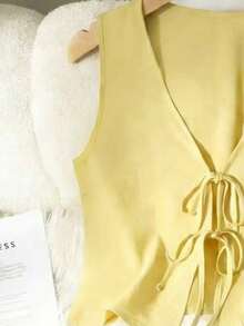 2pcs/Set Solid Color Casual Knotted Women Outfit, Spring/Summer Elegant - Pale Yellow - View 5