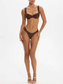 Women's Two Piece Bikini Swimsuit Triangle Top Bathing Suits Back Tie String Cheeky Bikini Sets - Rust Brown - View 6