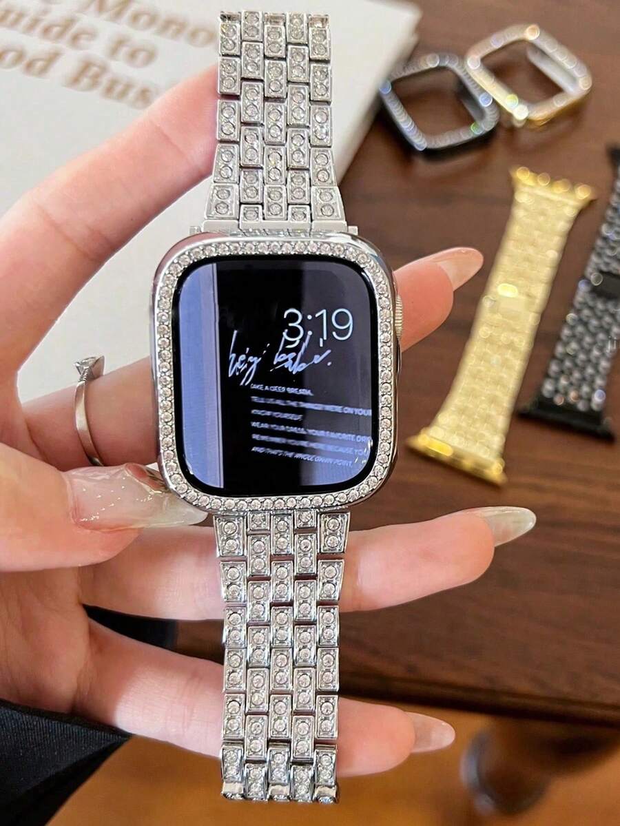1条兼容苹果手表表带，适用于38mm、40mm、41mm、42mm、44mm、45mm、46mm、49mm尺寸的苹果手表，女士银色饰品，镶嵌闪亮钻石和水钻，可替换金属表带，兼容苹果手表Ultra 2/Ultra系列10/9/8/7/6/5/4/3/2/1/SE，兼容苹果手表配件智能表带 - 銀色 - 查看 1