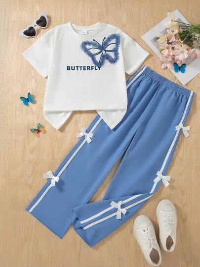 2pcs Girls Casual Outgoing Fashion Letter & Bow Print Drop Shoulder Short Sleeve Top And Solid Color Bow Decor Elastic Waist Pants Set, Spring/Summer