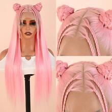 Light Pink Hair Glueless 13x6 HD Lace Synthetic Lace Front Wig 28 Inches Baby Pink Long Straight Wigs For Women Hand Tied Pre Plucked Hairline - 淺粉色 - 查看 1