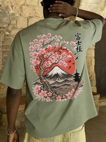 Men's Summer Fashion Minimalist Cherry Blossom & Mount Embroidery Print Round Neck Short Sleeve T-Shirt | Basic Street Casual Tee, Boyfriend Gift - Olive Green - View 6