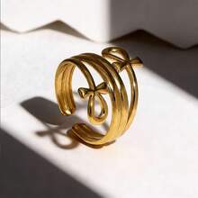 COINBUFF 1pc Elegant Anchor Symbol Line Stainless Steel Gold Plated Adjustable Open Ring, Suitable For Daily Wear And Holiday Gifts - As Shown - View 3