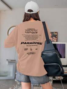 Women's Oversized Printed T-Shirt - Cheerful Paradise Phrase - Loose, Casual, Stylish, Modern, And Cool Blouse - 稻草 - 查看 4