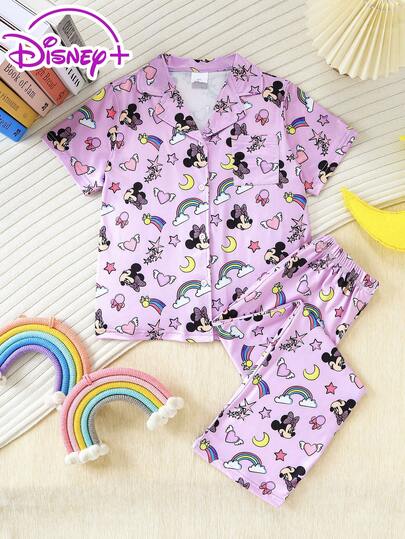 Disney 少女梦幻元素翻领纽扣短袖衬衫+松紧腰长裤套装，夏季儿童舒适休闲装，适合日常穿着和居家穿着