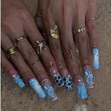 NailVease 10 PCS Handmade Press-On Nails | Pink-Blue Flower Sweet & Cool Long Nails With Acrylic Pink & Blue Bases, 3D Flower & Shell Element & Pearl Embellishments & Playful Retro Designs - 彩色 - 查看 2