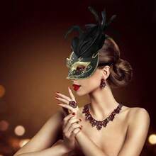 Coddsmz Women Feather Masquerade Mask Venetian Party Mask Mardi Gras Masks Princess Fancy Dress Mask Halloween Costume Mask - Black - 查看 5