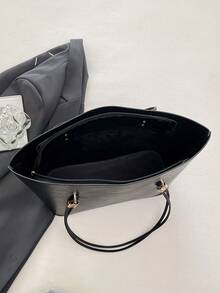 Letter Decor Large Capacity Fashion New Casual European And American Retro Solid Color Women Shoulder Underarm Tote Bag - Black - View 5