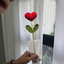 2pcs Handmade Crochet Heart Shaped Flower Bouquet With Green Stems - Red And Green Crochet Flowers, Suitable For Valentine's Day, Mother's Day And Other Occasions - Multicolor - View 6