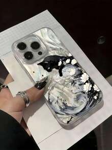 1个羽毛贝壳极简主义IMD花卉油画黑猫图案手机壳，可个性化定制，兼容 16 Pro Max、15/14 Plus、13、12、11，保护套 - 彩色 - 查看 2