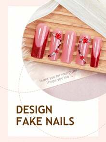 24pcs Valentines Acrylic Press On Nails French Tip Red Press On Nails Long Square Glitter With Lips Heart XXL/XXXL Decoration Flower Rhineston Design Fashion Y2K Style Surface Glossy Full Cover Fake Nails For Women And Girls Valentines Daily Dating Wear - 彩色 - 查看 4