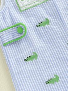 Baby Boy Summer Clothes Sleeveless Embroidery Dinosaur Gingham Retro Romper Jumpsuit Smocked Shortall - 藍色 - 查看 6