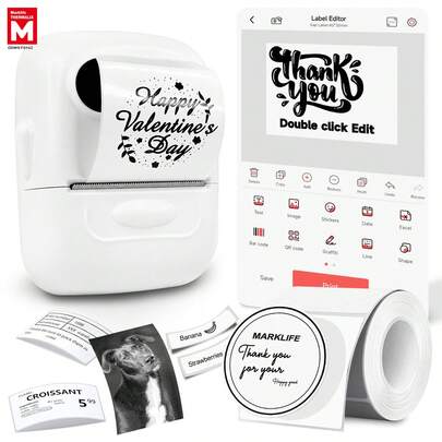 Marklife Makrlife P50 Label Printer, With Label Tape, Thermal Label Printer, Portable Bluetooth Wireless Label Printer, Suitable For Barcodes, Jewelry, Retail, Jars, Candle Jars, Clothing, Glass Jars Etc., Provides Multiple Templates, Can Be Used For Organizing Office And Household Items, Ideal For Christmas/New Year/2026/Gifts For Family/Year-End Gifts, Supports Android And IOS Systems.