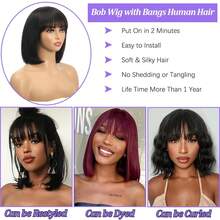 Tóc giả bob bằng tóc thật có mái, dễ đội, không cần keo dán, tóc giả thẳng bằng máy, độ dày 180%, màu đen có mái dành cho nữ. - Natural Black - Xem 8