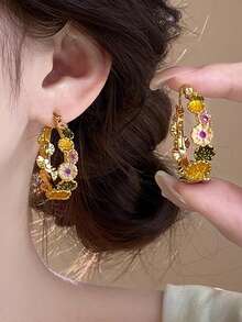 2pcs Unique Luxurious Elegant Circle Daisy Flower Art Earrings - 2 cái - Xem 2
