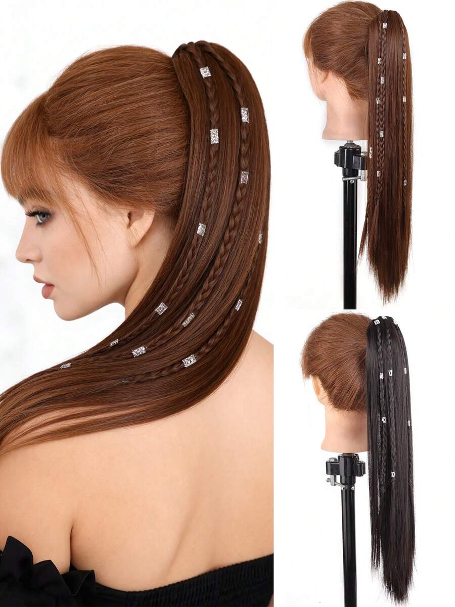 女士合成假发，带夹式银色扣环辫子、高马尾、长直发、逼真复古风格辫子、直马尾假发