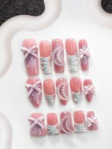 10件套芭蕾舞少女风格凝胶美甲套装，包含亚克力假指甲、粉色蝴蝶结、镂空月亮美甲装饰、3D不规则镂空五角星设计、纯色波浪图案、雨滴美甲装饰 - 彩色 - 查看 1