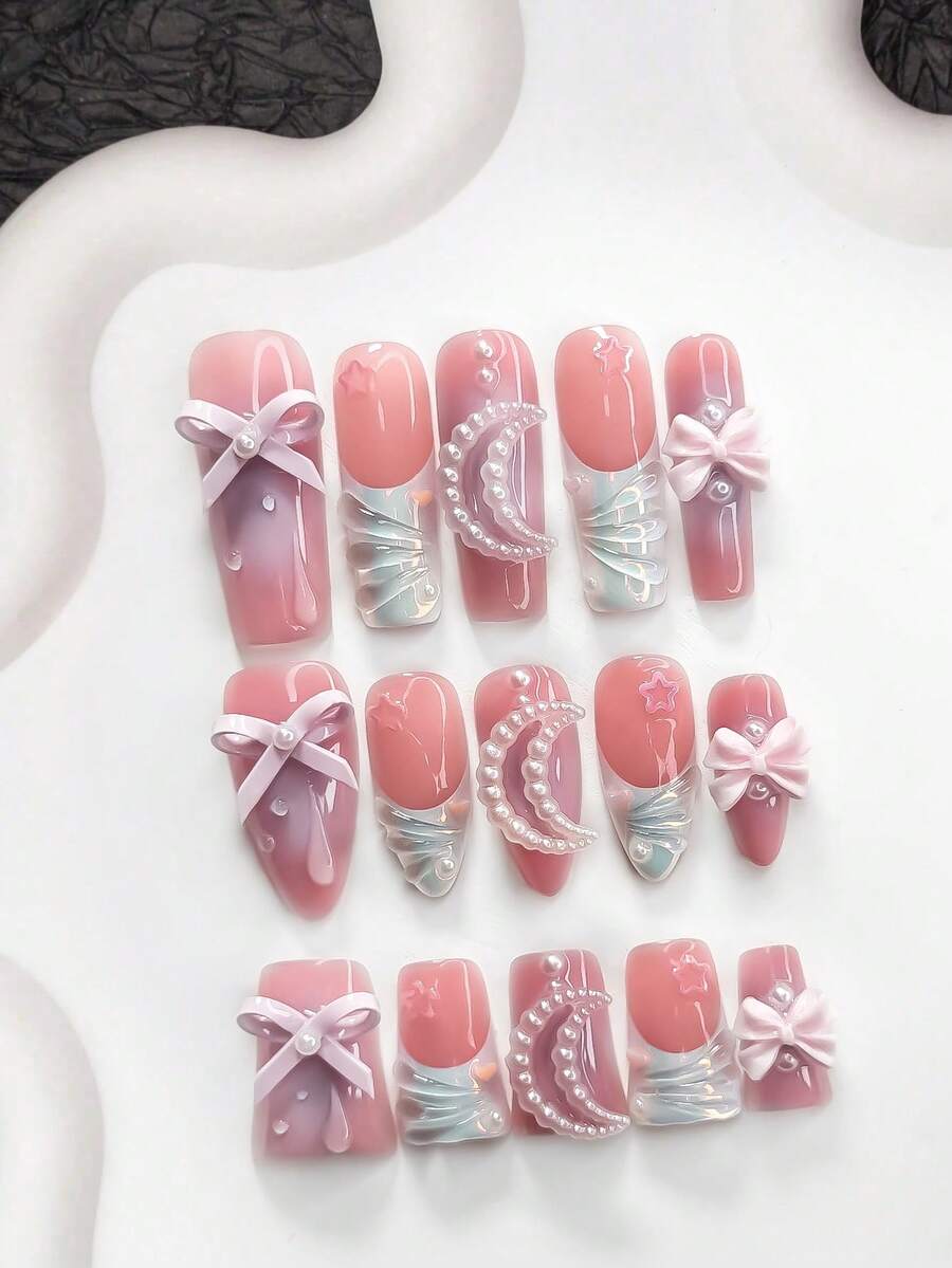 10件套芭蕾舞少女风格凝胶美甲套装，包含亚克力假指甲、粉色蝴蝶结、镂空月亮美甲装饰、3D不规则镂空五角星设计、纯色波浪图案、雨滴美甲装饰 - 彩色 - 查看 1