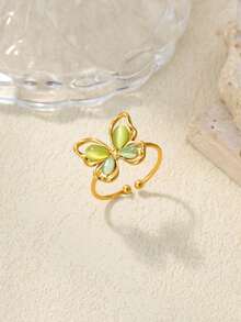 1枚复古绿色立方氧化锆蝴蝶戒指，女士金色不锈钢几何戒指，婚礼派对珠宝礼物 - 查看 6