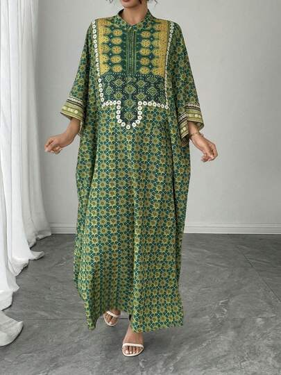 1pc Women's Arabic Abaya Dress, Green All-Over Allover Print, Mandarin Collar, Single-Breasted, Raglan Sleeve, Oversized Long Casual Dress, Elegant Arabic Robe, Luxury Festival Evening Gown, Perfect Ramadan, Eid, New Year Gift For Mom, Daughter, Wife, Girlfriend