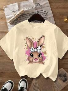 Koszulka damska w dużym rozmiarze, z krótkim rękawem i okrągłym dekoltem, z kokardką w białe groszki i królikiem, odpowiednia na wiosnę, lato i jesień - Morela - Zobacz 1