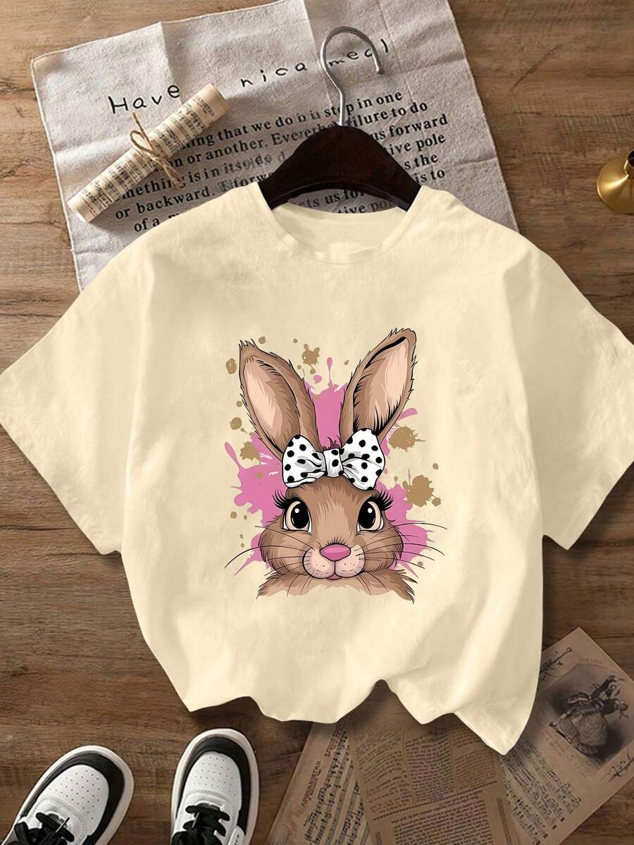 Koszulka damska w dużym rozmiarze, z krótkim rękawem i okrągłym dekoltem, z kokardką w białe groszki i królikiem, odpowiednia na wiosnę, lato i jesień - Morela - Zobacz 1