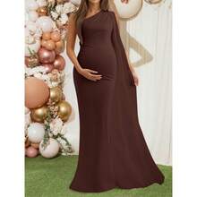 巧克力棕/摩卡棕孕妇连衣裙，露肩不对称领口无袖弹力针织面料修身鱼尾长裙，优雅正式修身喇叭下摆长裙，适合孕妇摄影、迎婴派对、婚礼、春季正式活动。 - 棕色 - 查看 9
