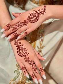 3 Sheets Full Hand Flower Design Brown Red Maroon Sexy Foot Finger Hand Tattoo Sticker Women Flower Henna Tattoo Sticker Flower Waterproof Sticker Brown Tattoo Sticker Women Body Art Sticker Wedding Party Moon Brown Red Tattoo Sticker - Red - View 4