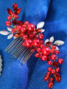1pc Handmade Exquisite Faux Pearl Alloy Leaf Hair Comb, Women Wedding Party Prom Festival Headpiece, Valentine's Day Date Gift Hair Accessory - Red - View 11