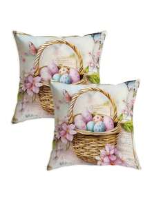 1/2/4件装复活节兔子花卉印花枕套，节日装饰靠垫套，不含枕芯，适用于客厅、沙发、门廊、户外等场所。 - 彩色 - 查看 16