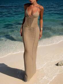 女士夏季波西米亚风镂空性感薄纱罩衫连衣裙，无袖V领钩针编织泳衣连衣裙，性感露背连衣裙，波西米亚风沙滩裙 - 卡其色 - 查看 2