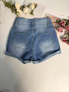 女士休闲牛仔迷你短裤，纽扣前襟，直筒裤型，中等弹力 - 藍色 - 查看 6